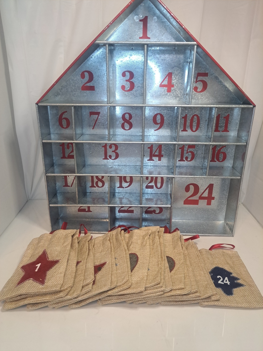 Metal Advent Calendar House Christmas 16"w 18.25"H -W/ Numbered Burlap Bags